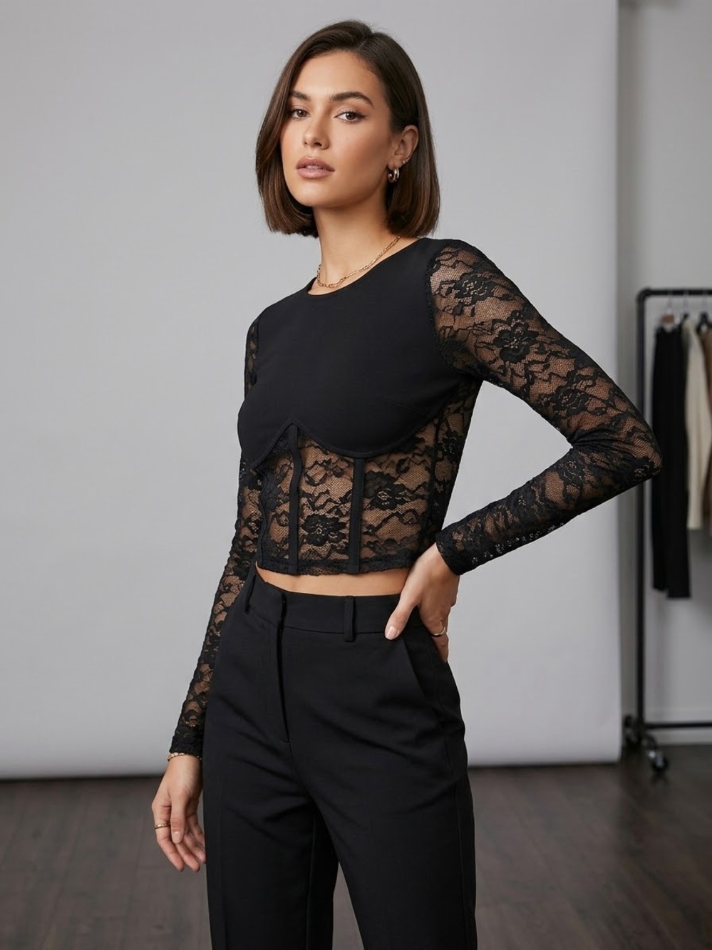 m Black Lace Long Sleeve Crop Top sheer corset style shirt  layered look